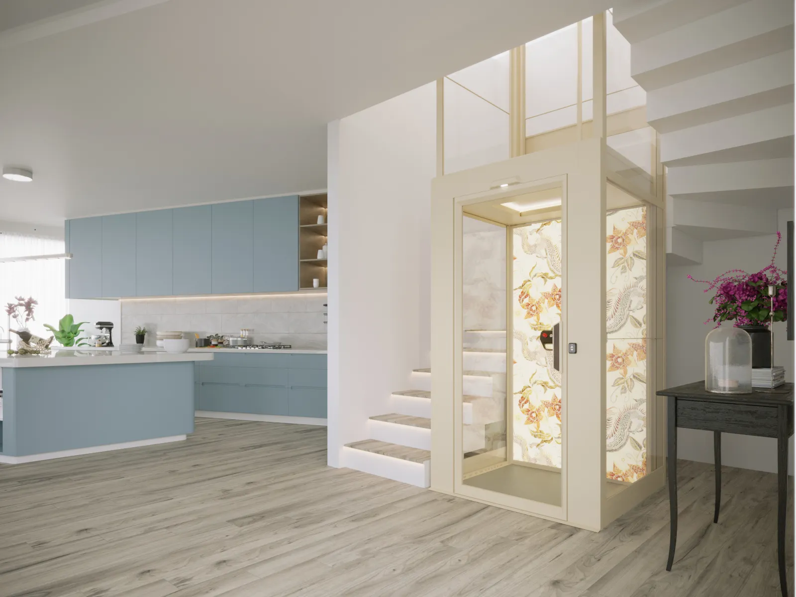 V90 Aurora home lift seamlessly integrated into a modern living room interior