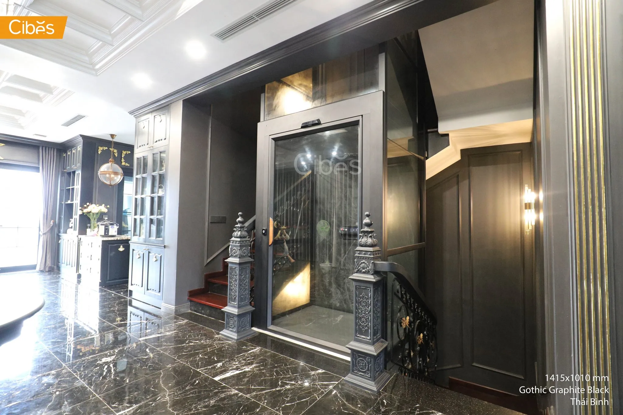 Luxury Cibes V90 Aurora home elevator with full black exterior panels and modern glass shaft