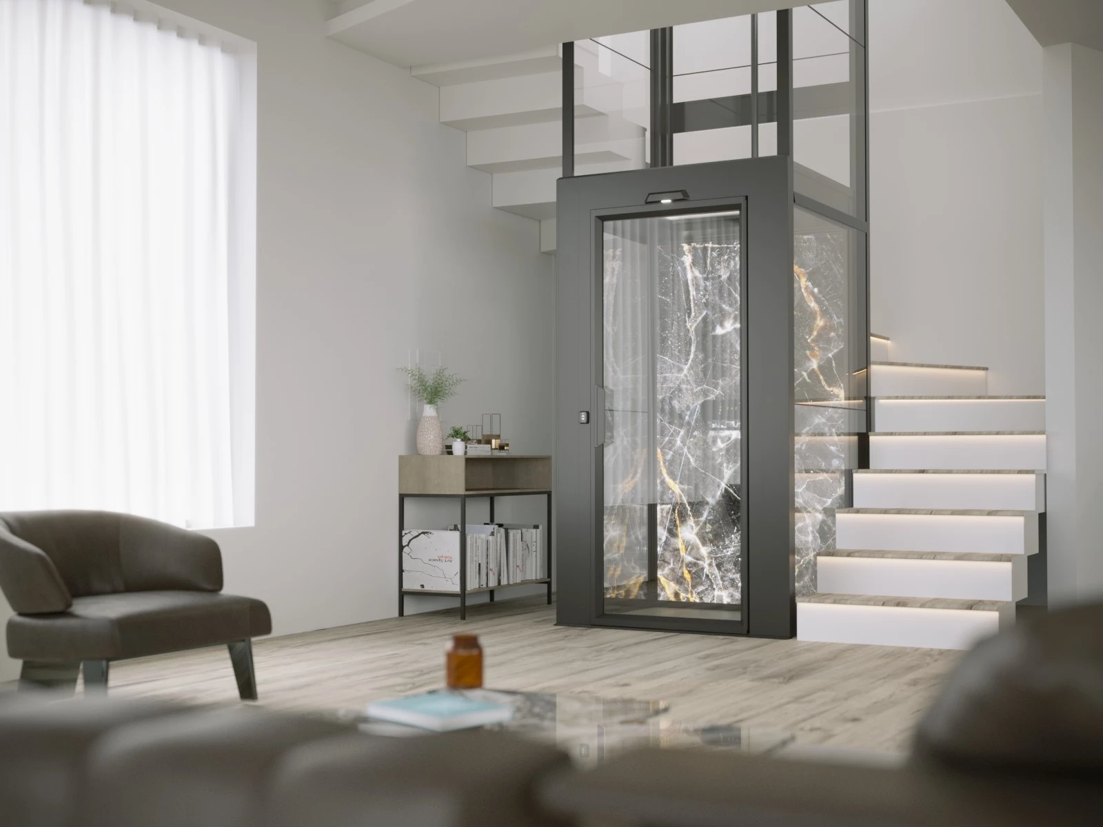 Cibes V90 Aurora home lift in black color design blending with minimalist living room
