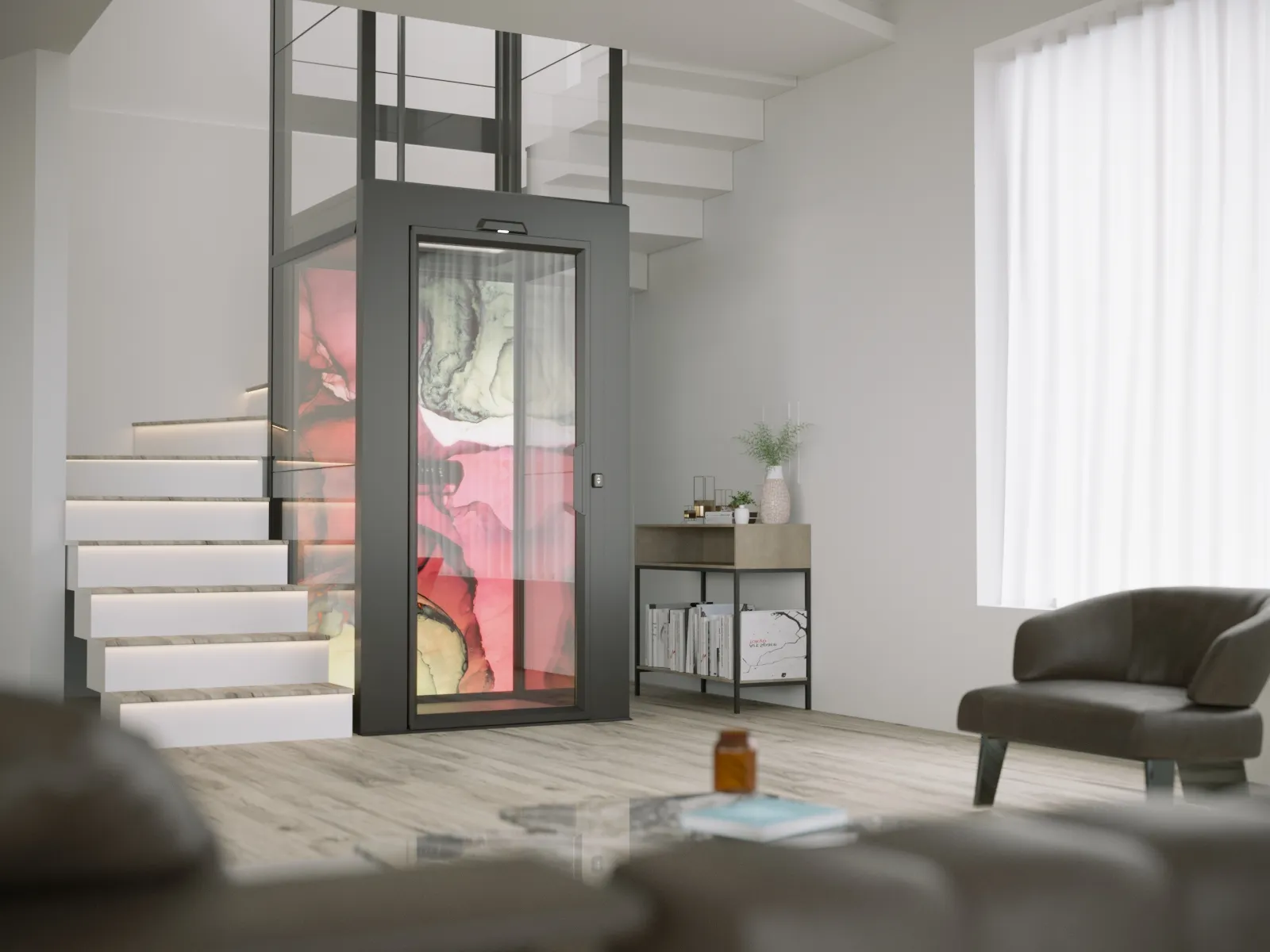 Front view of Cibes V90 Aurora residential home elevator with glass cabin and modern design