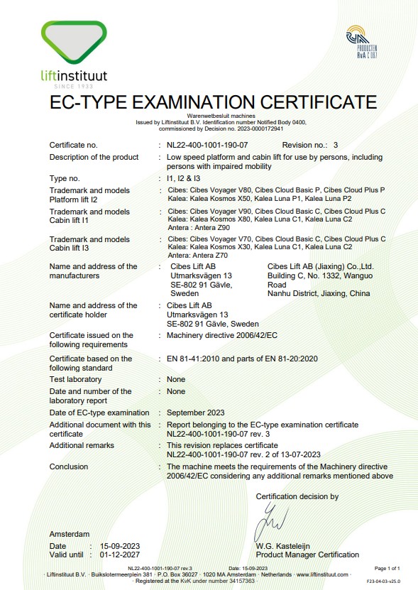 EN 81-41 certificate for Cibes home lift
