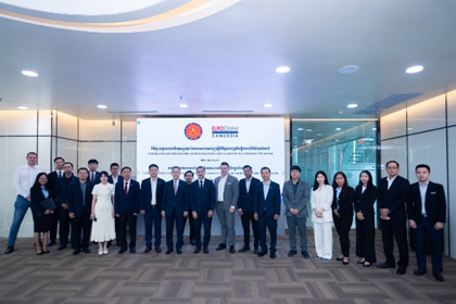 Cibes Lift Cambodia team and business representatives posing for a group photo at an official event hosted by EuroCham Cambodia in Phnom Penh.