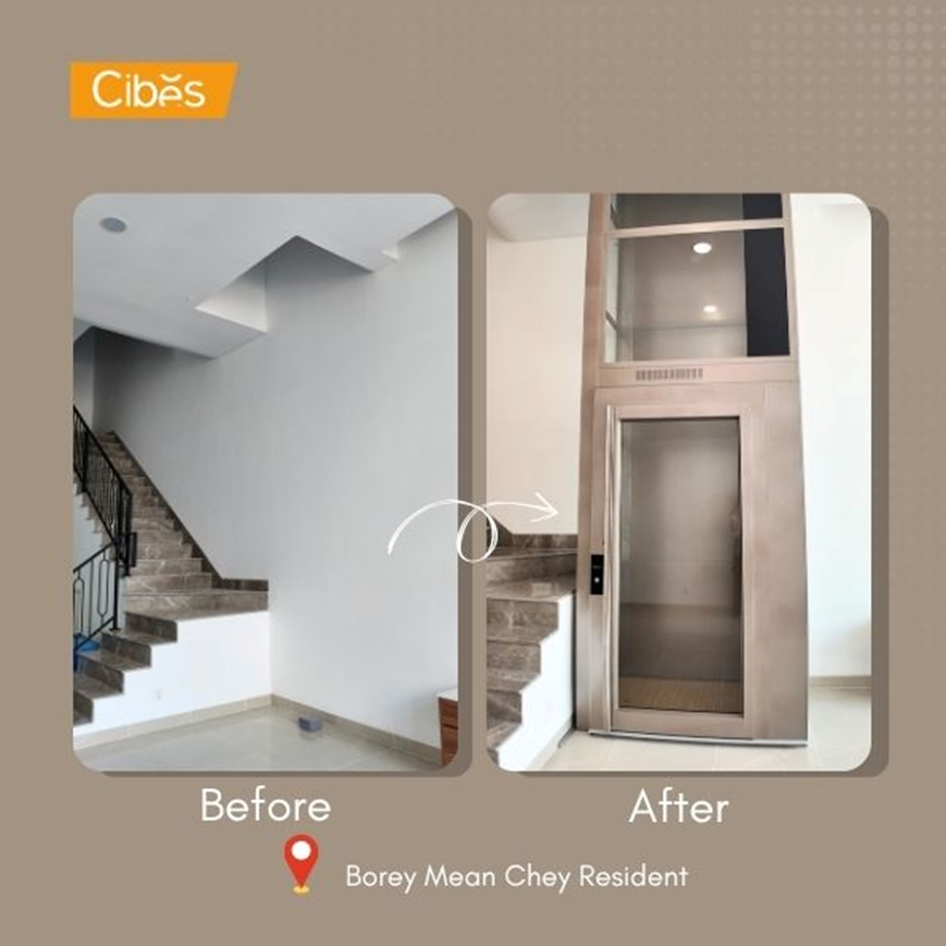 Before and after view of a home staircase retrofit, showing a residential elevator added to an existing house in Borey Mean Chey Resident.